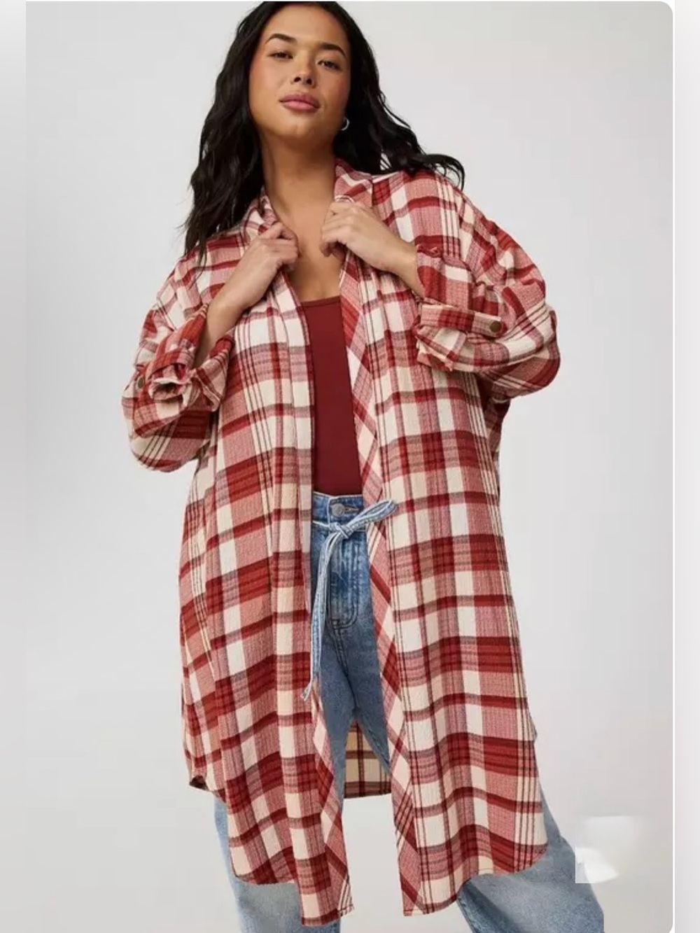 torrid Plaid Open-Front Shacket in Rust & Cream